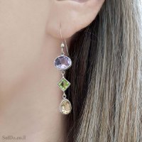 עגילים ותליון מכסף משובצים אבני אמטיסט, סיטרין ופרידוט S1731