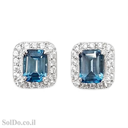 עגילי כסף צמודים משובצים אבני טופז כחולות וזרקונים A8616 | תכשיטי כסף 925 | עגילי כסף