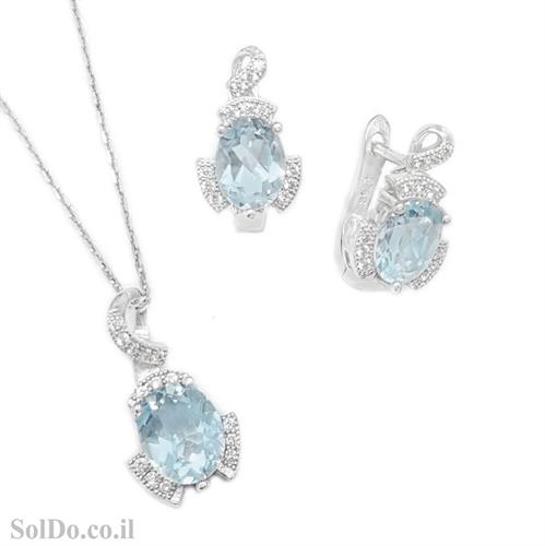 עגילים ותליון מכסף משובצים אבן טופז כחולה מרכזית בצורת טיפה ואבני זרקון S1671