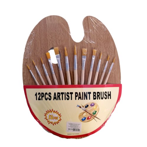 סט 12 מכחולים+פלטת עץ צר