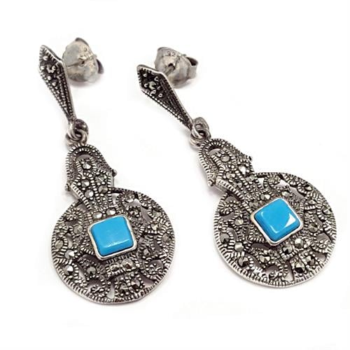 עגילים מכסף משובצים מרקזטים ואבני טורקיז A8499 | תכשיטי כסף 925 | עגילי כסף