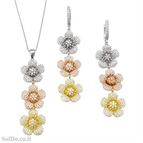 עגילים ארוכים ותליון מכסף משובצים אבני זרקון מצופים גולדפילד S1591