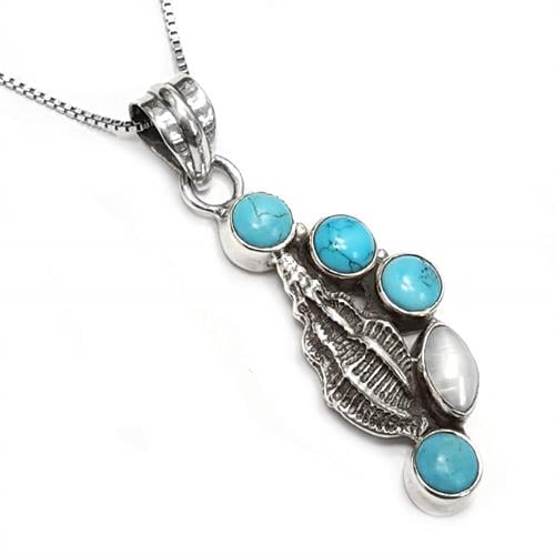 תליון מכסף מעוצב משובץ אבני טורקיז ופנינה לבנה  T5926 | תכשיטי כסף