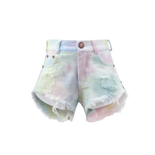 שורט ג׳ינס לבן עם טאי דאי ופרנזים - VIEW - מידות 2-16