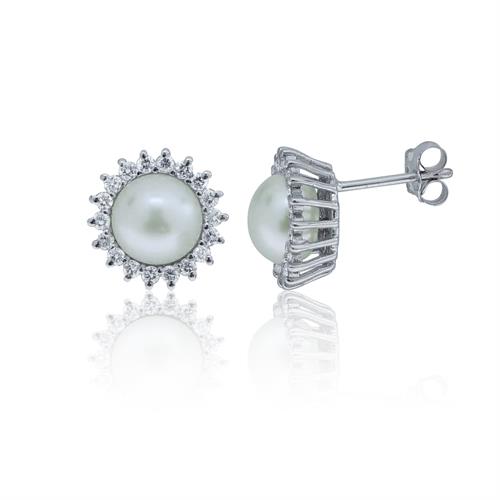 עגילי פנינה צמודים משובצים 0.56 קראט יהלומים בזהב 14 קרט