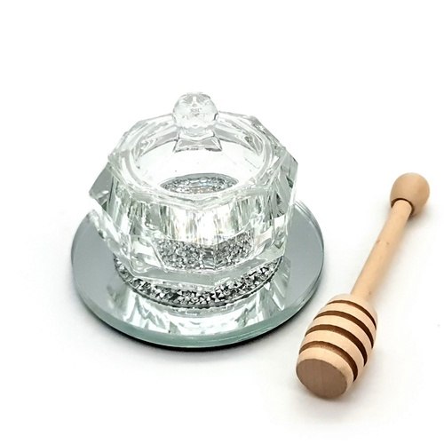 כלי לדבש בסיס נצנץ כסף וצלוחית קריסטל