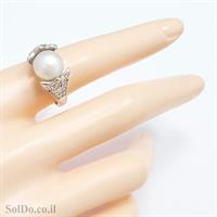 טבעת מכסף משובצת פנינה לבנה וזרקונים RG6062 | תכשיטי כסף 925 | טבעות עם פנינה