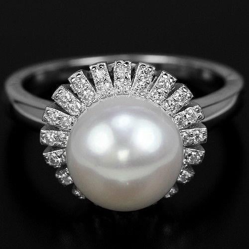 טבעת מכסף משובצת פנינה לבנה 9MM וזרקונים RG5527 | תכשיטי כסף 925 | טבעות עם פנינה