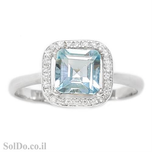 טבעת מכסף משובצת אבן טופז כחולה בצורת ריבוע  וזרקונים RG1614 | תכשיטי כסף 925 | טבעות כסף