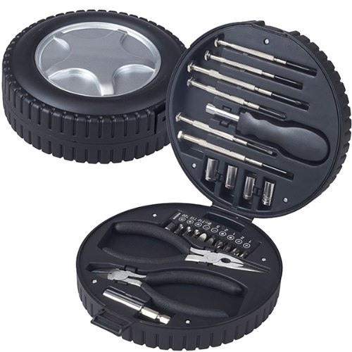 ערכת כלים רב תכליתי במארז פלסטיק קשיח בעיצוב גלגל צמיג