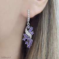 עגילים מכסף תלויים משובצים אבני אמטיסט סגול וזרקונים A9005 | תכשיטי כסף