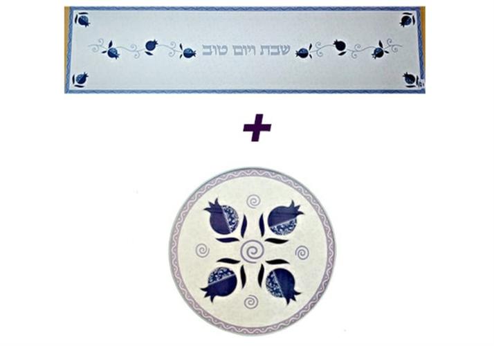 סט ראנר ותחתית לסיר דגם רימון כחול