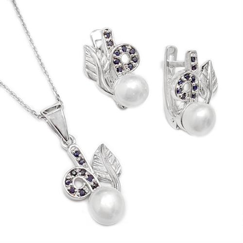 עגילים ותליון מכסף משובצים פנינה לבנה ואבני ספיר S1639 | תכשיטי כסף 925