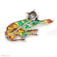 סיכה מכסף מעוצבת דגם "חתולה" משובצת מרקזטים ואמייל צבעוני T6192 | תכשיטי כסף