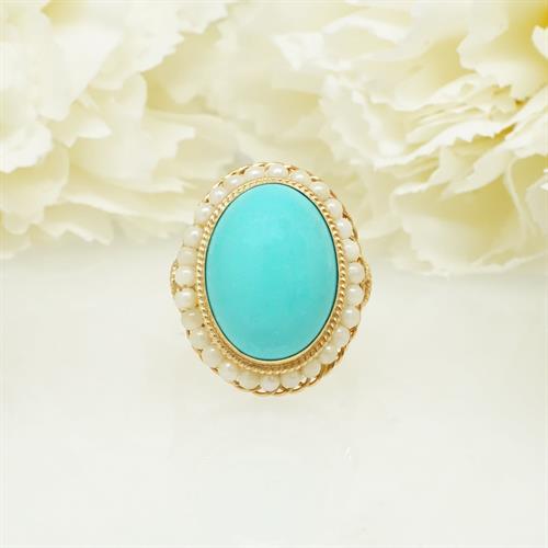 טבעת זהב משובצת טורקיז ופנינים