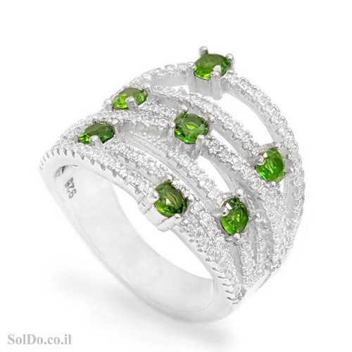 טבעת מכסף רחבה משובצת אבני כרום דיופסיד ואבני זרקון RG6263 | תכשיטי כסף 925 | טבעות כסף