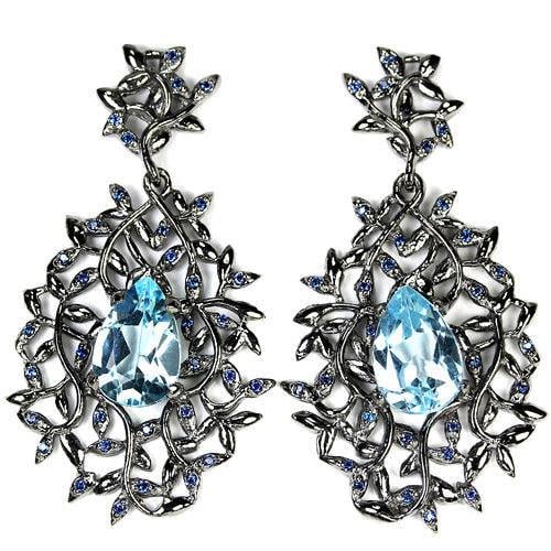 עגילי כסף ארוכים משובצים אבן טופז כחולה ואבני זרקון כחולות A8359 | תכשיטי כסף 925 | עגילי כסף