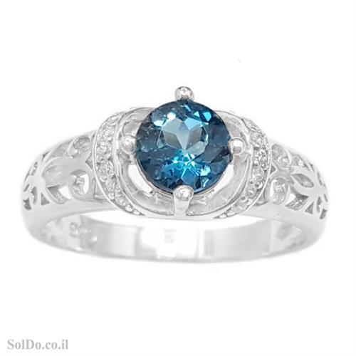 טבעת מכסף משובצת אבן טופז כחולה  וזרקונים RG8806 | תכשיטי כסף 925 | טבעות כסף