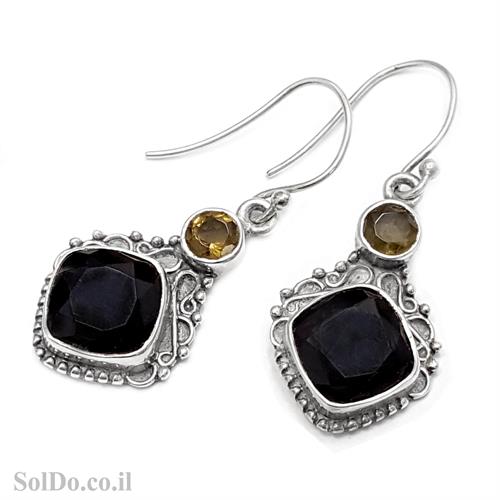 עגילי כסף מעוצבים בשילוב אבני אוניקס ואבני סמוקי קוורץ A8653 | תכשיטי כסף