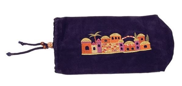 תיק לשופר קטן קטיפה כחולה עם רקמה ירושלים