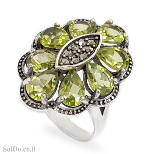 טבעת מכסף משובצת מרקזטים ואבני פרידוט RG6217 | תכשיטי כסף 925 | טבעות כסף