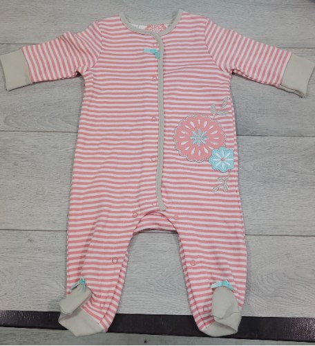 אוברול ארוך עם רגליות פסים ופרחים אפרסק