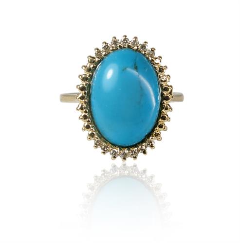 טבעת זהב משובצת אבן טורקיז ויהלומים