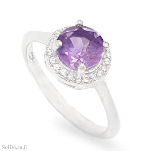 טבעת מכסף משובצת אבן אמטיסט ואבני זרקון RG6304 | תכשיטי כסף 925 | טבעות כסף