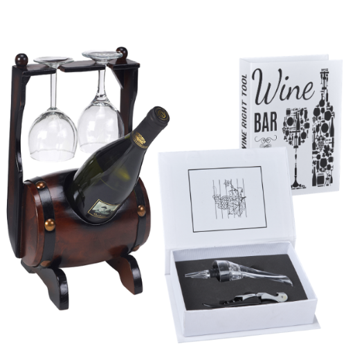 בר יין חבית שוכבת לבקבוק ו-2 כוסות, מגיע עם מארז אביזרים 2 חלקים
