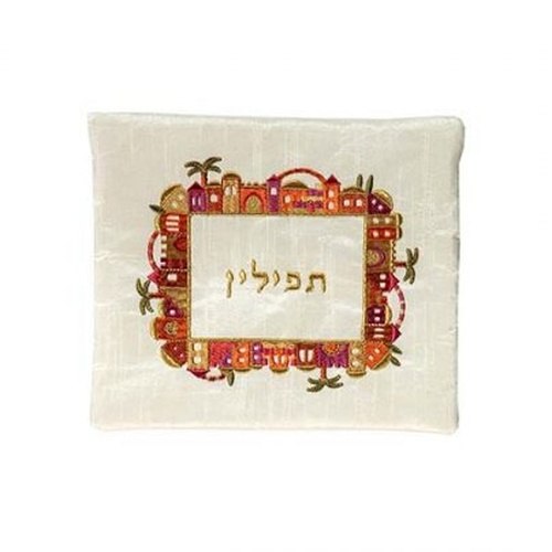 כיסוי תפילין רקמת מכונה - ירושלים - צבעוני על לבן
