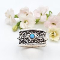 טבעת כסף טהור מסתובבת עם אבן אופל - דגם מעוטר R-37