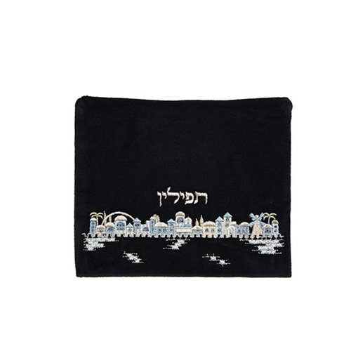 כיסוי תפילין  קטיפה ירושלים - כחול