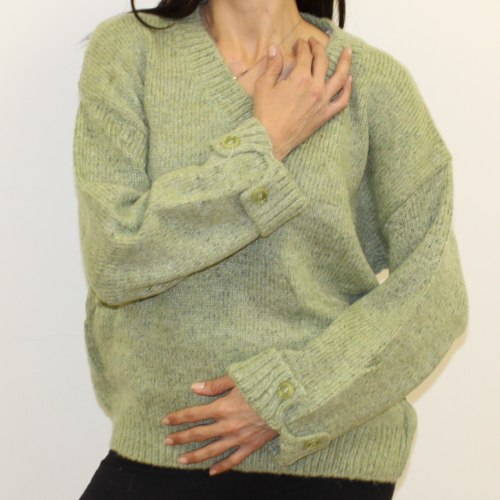 סריג נשים V שרוול כפתור ירקרק