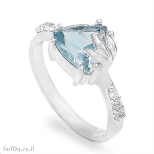 טבעת מכסף משובצת אבן טופז כחולה  וזרקונים RG6157 | תכשיטי כסף 925 | טבעות כסף