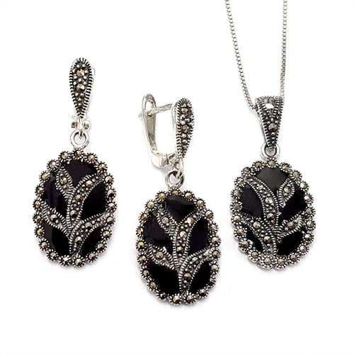 עגילים ותליון כסף משובצים מרקזטים ואמייל  S1534 | תכשיטי כסף 925 | עגילי כסף | שרשרת כסף