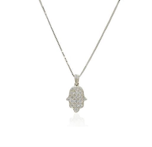 שרשרת חמסה ויהלומים 0.25 קראט מזהב לבן 14K