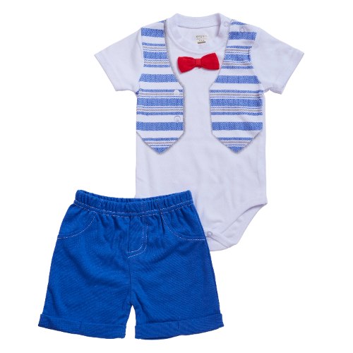 חליפת בגד גוף וסט פסים + פפיון כחול רויאל