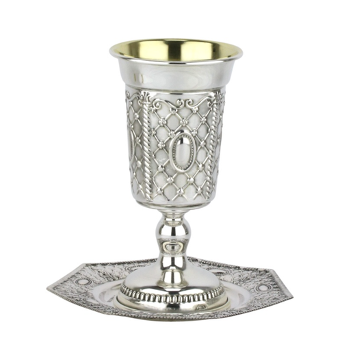 סט גביע קידוש + תחתית כסף טהור דגם זכריה רשת