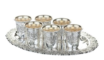 סט שישיית כוסות ליקר על מגש מכסף טהור דגם טוסקנה