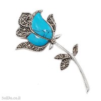 סיכה מכסף מעוצבת בצורת ורד משובצת מרקזטים וטורקיז  T6199 | תכשיטי כסף