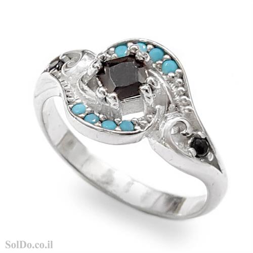 טבעת מכסף משובצת אבני זרקון צבע שחור ותכלת RG1626 | תכשיטי כסף 925